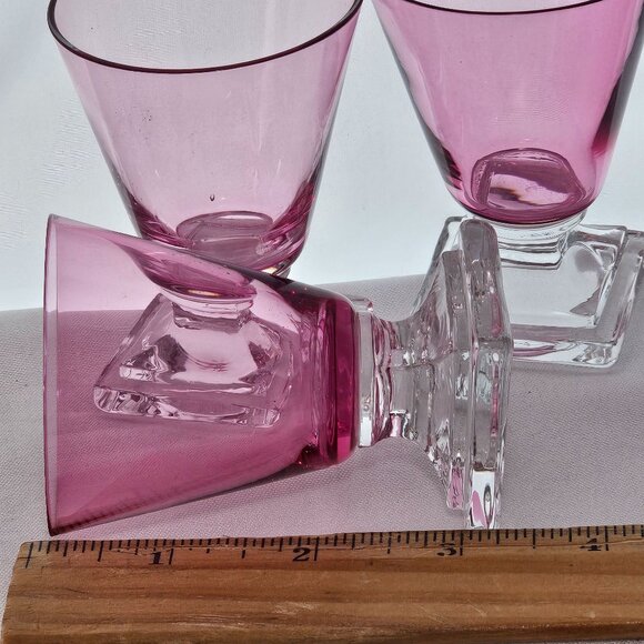 3 Retro Pink Cordial Glasses 3.25" square foot schnapps glass MCM barware - Picture 8 of 8